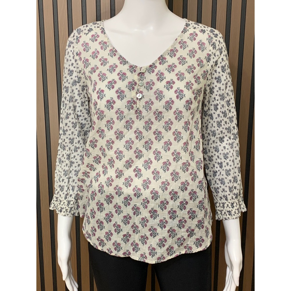 J. Jill Women's XS Pink Blue Floral 1Cotton Gauze Blouse 3/4 Ruffle Sleeve 100%